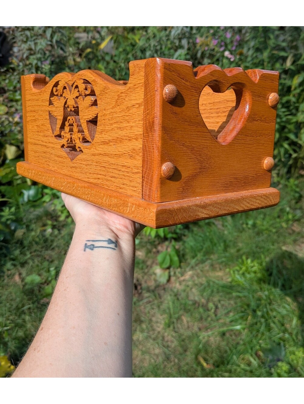Vintage Cottage Style Wooden Box, Heart and Bird Details, Handcrafted in Red Oak